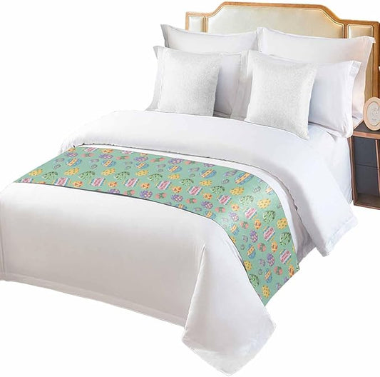 Happy Easter Eggs Bed Runners for Bedroom Hotel,Decorative Bedding Scarf Seamless Colorful Egg on Green Bed End Blanket Bedding Runner Scarves for Twin Size Beds,71x20in