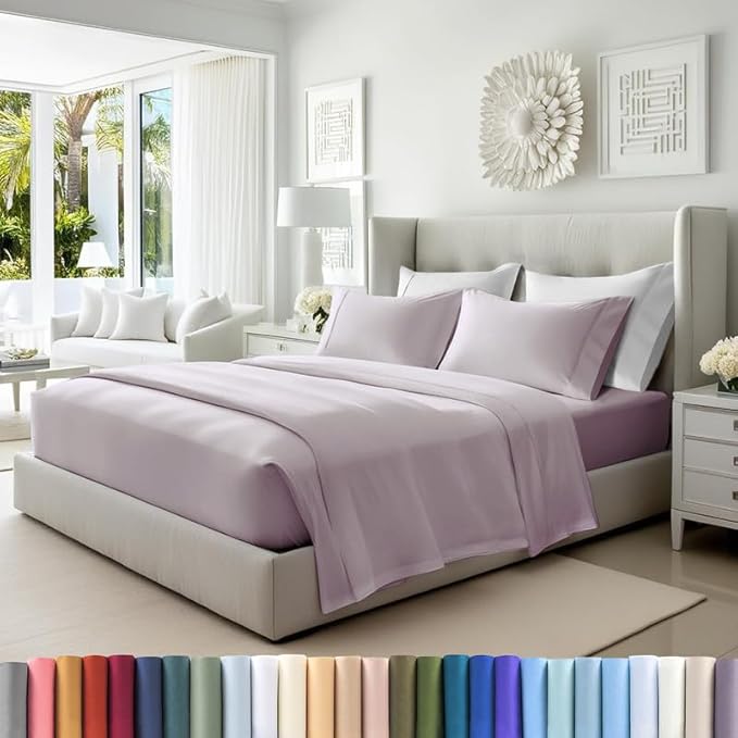 Pizuna Pure 100% Cotton Sheets RV Queen Size, Luxurious 400 Thread Count Long Staple Cotton Sateen Sheets RV Queen with 15" Deep Pocket (Combed Light Lilac Cotton Sheets RV Queen)