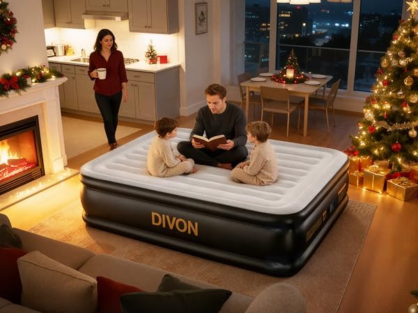 DIVON Air Mattress Queen with Built in Pump,Blow Up Mattress with Wave Pattern in 3 Mins,18'' Quick Inflatable Mattress, Luxury Airbed for Home&Camping,Black,660lbs