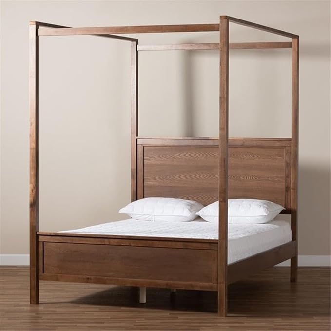 BOWERY HILL Queen Size Wood Platform Canopy Bed, Walnut Finish, Rubberwood and MDF Construction, Tall Beams for Drapes, Inset Paneling, 87.3 in Canopy Height, No Box Spring Needed, Bedroom Furniture