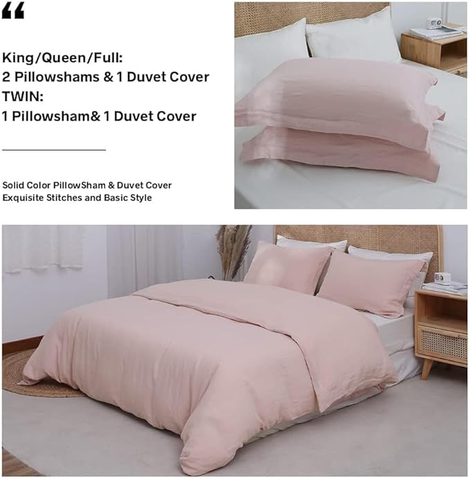 Simple&Opulence 100% Linen Duvet Cover Set, 3 PCS Natural French Flax Blush Pink Duvet Cover Full Size, Breathable Soft Comfy Linen Bedding Comforter Cover with 2 Pillowcases(Blush Pink, 78"x86")