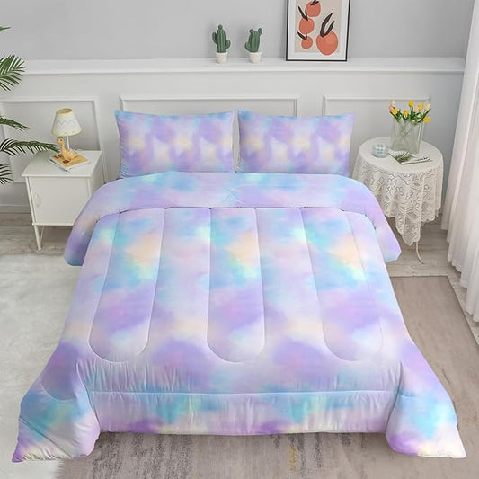 Axolotl Tie Dye Bedding Set King,Pink Blue Purple Cloud Comforter Set,Colorful Gradient Bedding,Tie Dye Pastel Comforter for Adults,Rainbow Gradient Clouds Bed for Women,1 Quilt 2 Pillowcases