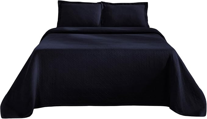 Superior 3 Piece Basketweave Cotton Bedspread Set, Home Bed Decor, Decorative Bed Spread, 2 Pillow Shams, Medium Weight Blanket, Matelasse Coverlet Bedding, Geometric Lattice Pattern, Queen, Navy Blue