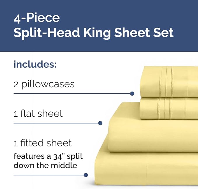 Flex Top Split Head King 4 Piece Sheet Set - Comfy Breathable & Cooling Bed Sheets Set - Hotel Luxury Bedding for Women, Men, Kids, Teens, Boys & Girls - Deep Pockets, Ultra-Soft - Oeko-Tex - Yellow