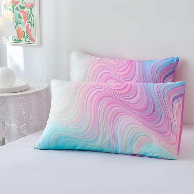 7PCS Girls Comforter Sets Queen,Pink Comforter Queen,Girls Bed Sets Queen,Bed in a Bag with Flat Sheet and Fitted Sheet,Pillowcases,Cushion Covers for Girl,Rainbow Bedding Sets