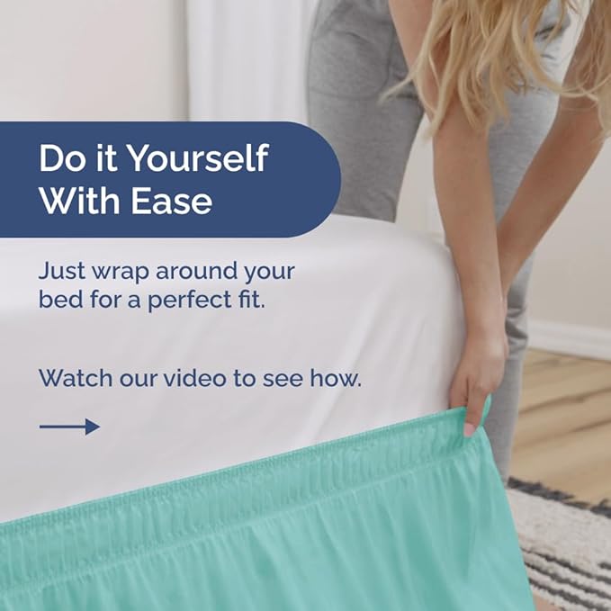 Wrap Around Dust Ruffle Bed Skirt - Spa Blue - for King Size Beds with 18 Inch Drop - Easy Fit Elastic Strap - Adjustable Pleated Bedskirt w/Brushed Fabric Wrinkle Free - for Women, Men, Kids & Teens