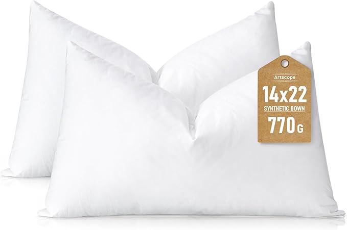 Artscope Synthetic Down Lumbar Pillow Insert, 14x22 Down Alternative Throw Pillow Insert. Ultra Soft Fluffy Sleeping Pillow with 100% Cotton Cover, Decorative Pillows Set of 2-White
