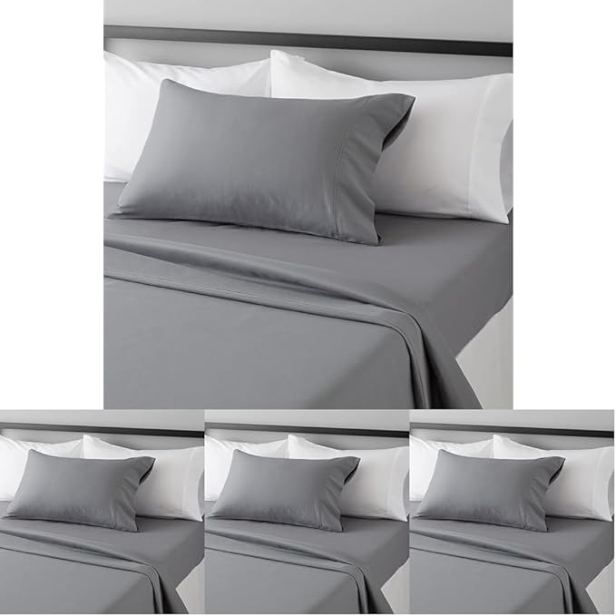 Amazon Basics Lightweight Breathable Brushed Microfiber 3-Piece Bed Sheet Set with 14-Inch Deep Pockets,Wrinkle Resistant,Twin XL,Dark Gray,Solid,(Pack of 4)