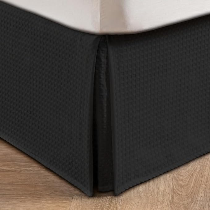 MIYE Pleated Waffle Weave Bed Skirt, Tailored Dust Ruffle 12 Inch Drop Easy Fit, Machine Washable (Black, Twin - 12" Drop)