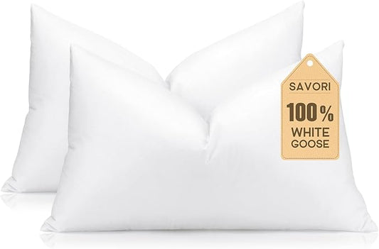 SAVORI 16x24 Lumbar Pilow Insert, Set of 2 Down Feather 16x24 Euro Pillow Inserts, Soft Fluffy Sleeping Pillow with 100% Cotton Cover, Decorative Throw Pillows for Couch Sofa Bed-White
