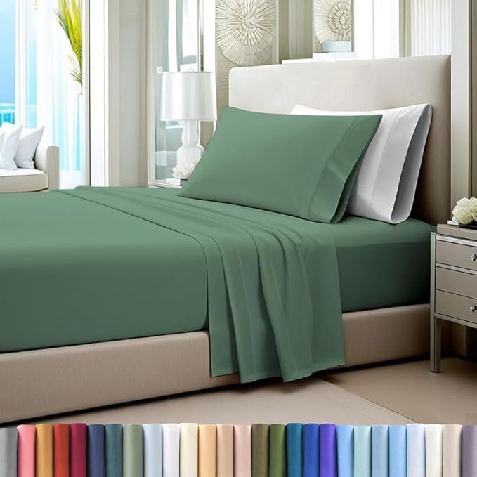 Pizuna Pure 100% Cotton Sheet Set Twin, Luxurious 400 Thread Count Long Staple Cotton Sateen Sheets Twin with 15" Deep Pocket (Hedge Green)
