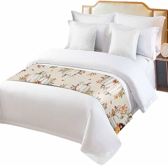 Thanksgiving Pumpkin Fall Maple Leaf Watercolor Bed Runners for Bedroom Hotel,Decorative Bedding Scarf Retro Linen Bed End Blanket Bedding Runner Scarves for Queen Size Beds,94x20in