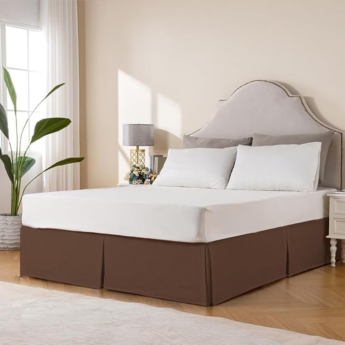 MIYE Pleated Waffle Weave Bed Skirt, Tailored Dust Ruffle 12 Inch Drop Easy Fit, Machine Washable (Brown, Queen - 12" Drop)