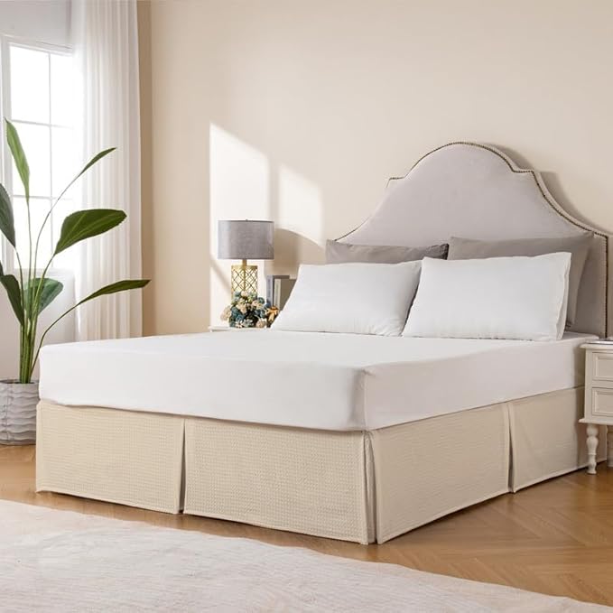 MIYE Pleated Waffle Weave Bed Skirt, Tailored Dust Ruffle 16 Inch Drop Easy Fit, Machine Washable,No Split Corners (Beige, Queen - 16" Drop)