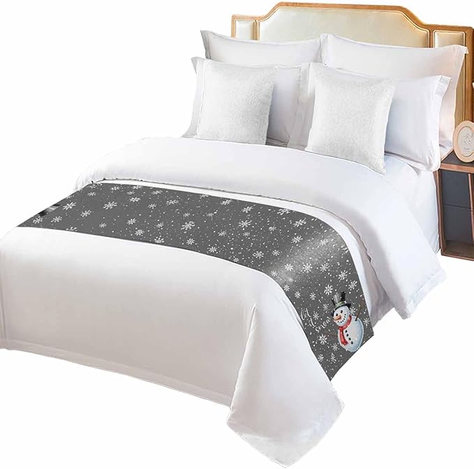 Christmas Snowman Winter Snowflakes Bed Runners for Bedroom Hotel,Decorative Bedding Scarf Gray White Bed End Blanket Bedding Runner Scarves for King Size Bed,102x20in