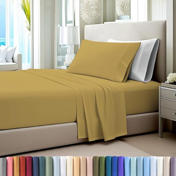 Pizuna Pure 100% Cotton Sheet Set Twin, Luxurious 400 Thread Count Long Staple Cotton Sateen Sheets Twin with 15" Deep Pocket (Mustard Gold)