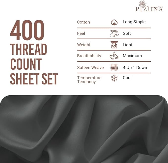 Pizuna Pure 100% Cotton Sheets Full Size, Luxurious 400 Thread Count Long Staple Cotton Sateen Sheets with 15inch Deep Pocket (Combed Dark Grey Sheet Full)