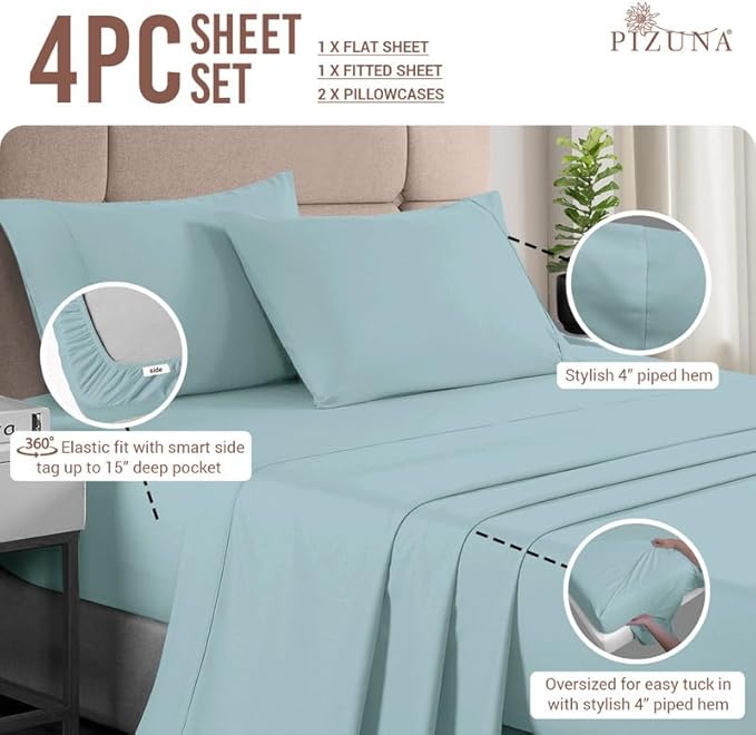Pizuna Pure 100% Cotton Sheets California King Size, Luxurious 400 Thread Count Long Staple Cotton Sateen Sheetswith 15inch Deep Pocket (Combed Baby Blue Cotton Sheets California King)