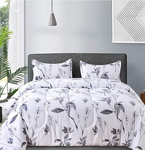 Nanko Queen Comforter Set 3pc, White and Grey Floral Leaf Print Reversible Down Alternative Microfiber Bedding - All Season Duvet and 2 Pillowshams Bed Sets for Women, Size 88x90 Farmhouse Gray Flower