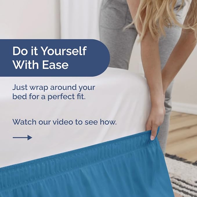 Wrap Around Dust Ruffle Bed Skirt - Denim Blue - Twin/Twin XL Size Beds with 24 Inch Drop - Elastic Strap - Adjustable Pleated Bedskirt with Brushed Fabric and Wrinkle Free - Women, Men, Kids & Teens