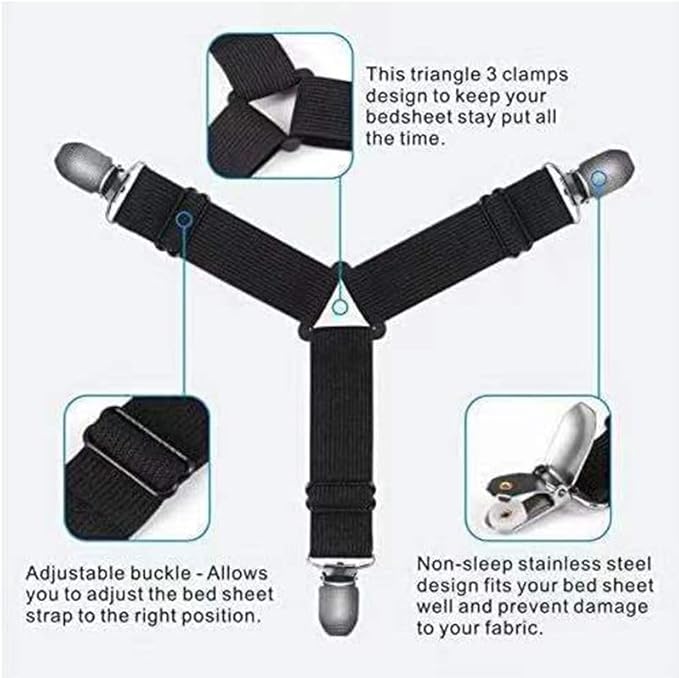 Heavy Duty Elastic Bed Sheet Straps & Clips - Adjustable Mattress Gripper, Sheet Holders Keep Sheets Firm & Tight, Mattress Clips, Bed Straps, Corner Straps (Black, 4pcs Triangle)