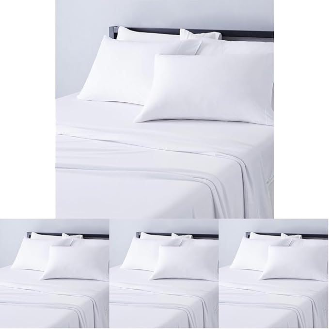 Amazon Basics 4 Piece Bed Sheet Set,100% Cotton Jersey,Includes Super Soft,Flat and Fitted Sheets,Pillowcase,King,White,Solid,(Pack of 4)