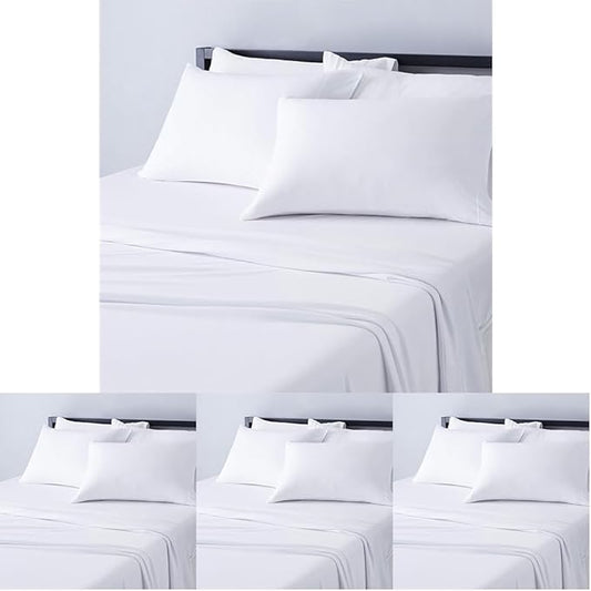 Amazon Basics 4 Piece Bed Sheet Set,100% Cotton Jersey,Includes Super Soft,Flat and Fitted Sheets,Pillowcase,King,White,Solid,(Pack of 4)