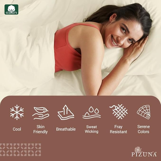 Pizuna Pure 100% Cotton Sheets RV King Size, Luxurious 400 Thread Count Long Staple Cotton Sateen Sheets with 15inch Deep Pocket (Combed Ivory Sheet RV King)