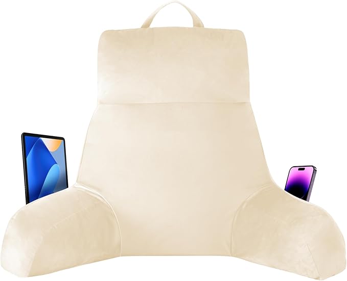 Back Pillow for Bed Sitting up, Reading Pillow for Sitting in Bed Adult, Back Support Pillow, Memory Foam Sit up Lounge Backrest Pillow with Arms for TV, Couch, Chair, Dorm, 24 Inch, Beige