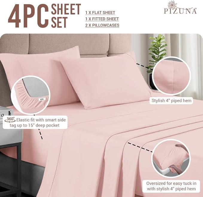 Pizuna Pure 100% Cotton Full Size Luxurious 400 Thread Count Long Staple Cotton Sateen Sheets with 15in Deep Pocket (Combed Light Pink Sheet Full)