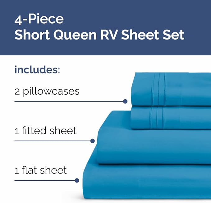 Short Queen RV Size 4 Piece Sheet Set - Comfy Breathable & Cooling Bed Sheets Set - Hotel Luxury Bedding for Women, Men, Kids, Teens, Boys & Girls - Deep Pockets & Ultra-Soft - Oeko-Tex - Denim Blue