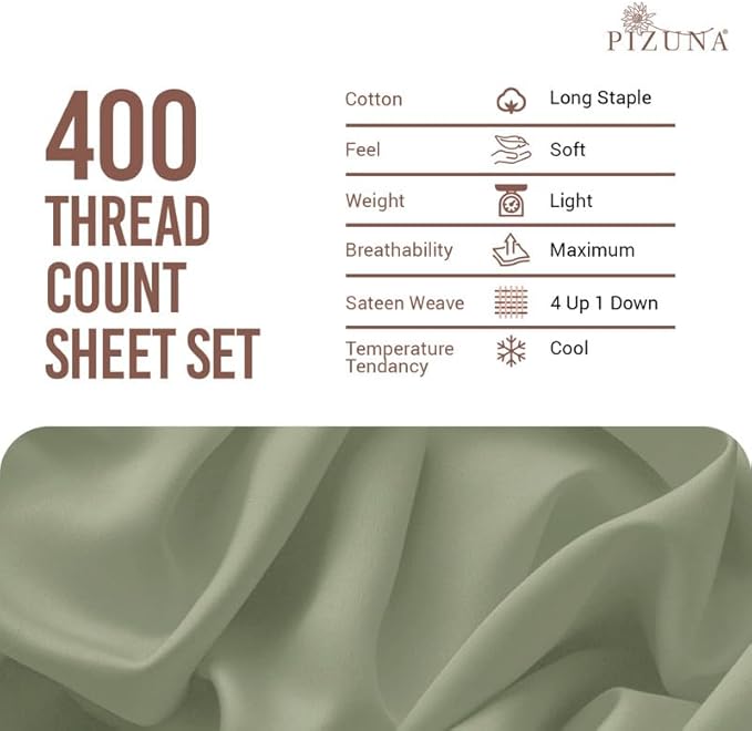 Pizuna Pure 100% Cotton Sheets Full Size, Luxurious 400 Thread Count Long Staple Cotton SateenSheets Full with 15inch Deep Pocket (Combed Light Sage Cotton Sheets Full)