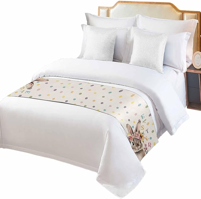 Spring Easter Farm Rabbit Flower Bed Runners for Bedroom Hotel,Decorative Bedding Scarf Colorful Quote Dot on Linen Bed End Blanket Bedding Runner Scarves for Queen Size Bed,94x20in