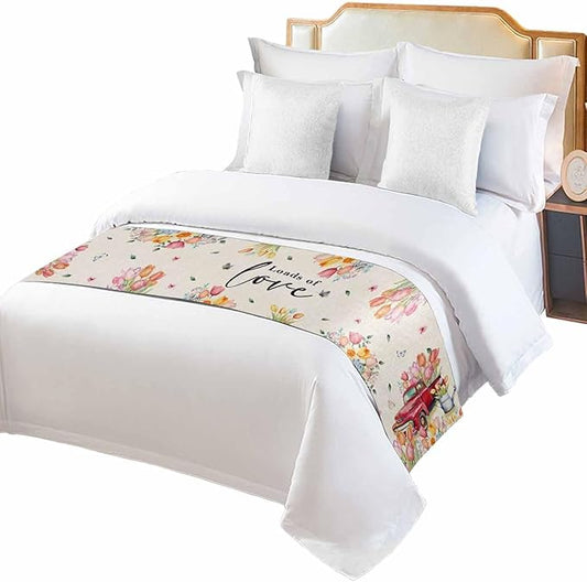 Spring Flower Tulips Red Farm Truck Bed Runners for Bedroom Hotel,Decorative Bedding Scarf Love Colorful Floral Bed End Blanket Bedding Runner Scarves for Full Size Beds,83x20in