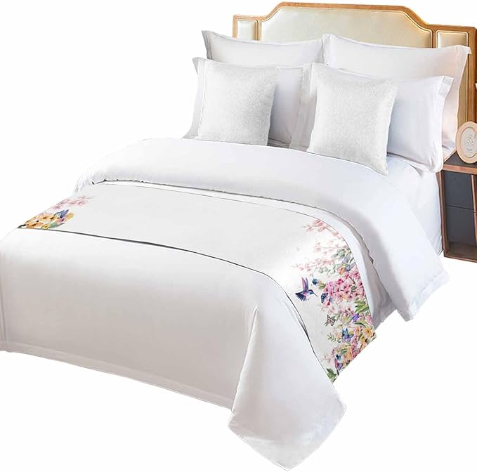 Blossom Floral Hummingbird Bed Runners for Bedroom Hotel,Decorative Bedding Scarf Butterfly Blossom Flower Plant Bed End Blanket Bedding Runner Scarves for Full Size Bed,83x20in