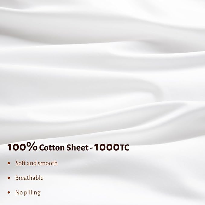 Shilucheng 100% Egyptian Cotton Queen Size Sheets Set - 1000 Thread Count，Luxury Cotton Bed Sheets，Breathable & Cooling Bedding and Pillow Cases, 16 Inch Deep Pocket - 6 Piece (White, Queen)
