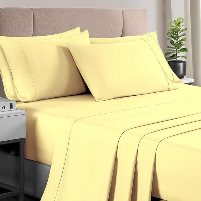 Pizuna Pure 100% Cotton Bed Sheets Set King Size Mellow Yellow, Luxurious 400 Thread Count Long Staple Cotton Sateen King Sheets with 15" Deep 2 Extra Pillowcase (Combed Cotton Bed Sheet Set)