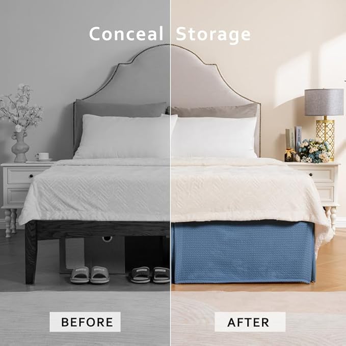 MIYE Pleated Waffle Weave Bed Skirt, Tailored Dust Ruffle 12 Inch Drop Easy Fit, Machine Washable (Blue, Twin - 12" Drop)