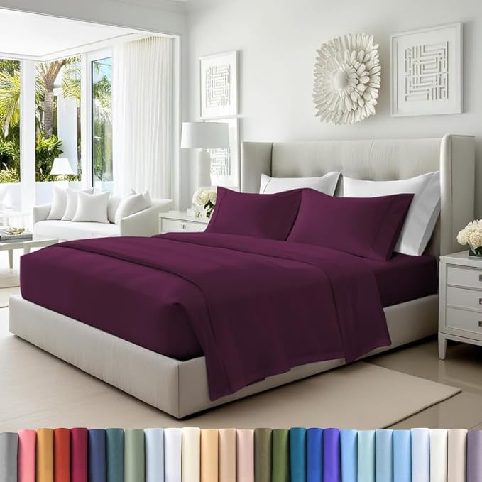 Pizuna Pure 100% Cotton Sheets California King Size, Luxurious 400 Thread Count Long Staple Cotton Sateen Sheets California King with 15" Deep Pocket (Combed Berry Plum Cotton Sheets California King)