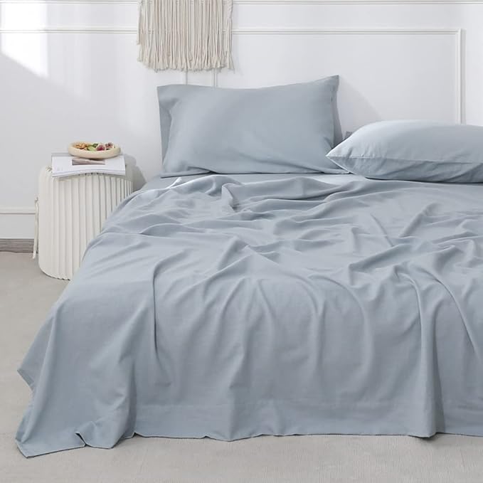Simple&Opulence Belgian Linen Sheet Set Solid Color - 4 Pieces (1 Flat Sheet, 1 Fitted Sheet & 2 Pillowcases) Natural Flax Cotton Blend Soft Breathable Farmhouse Bedding - King Size, Dusty Blue