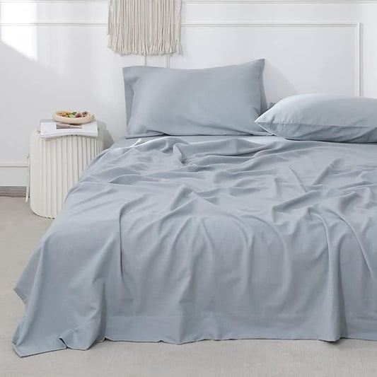 Simple&Opulence Belgian Linen Sheet Set Solid Color - 4 Pieces (1 Flat Sheet, 1 Fitted Sheet & 2 Pillowcases) Natural Flax Cotton Blend Soft Breathable Farmhouse Bedding - Full Size, Dusty Blue