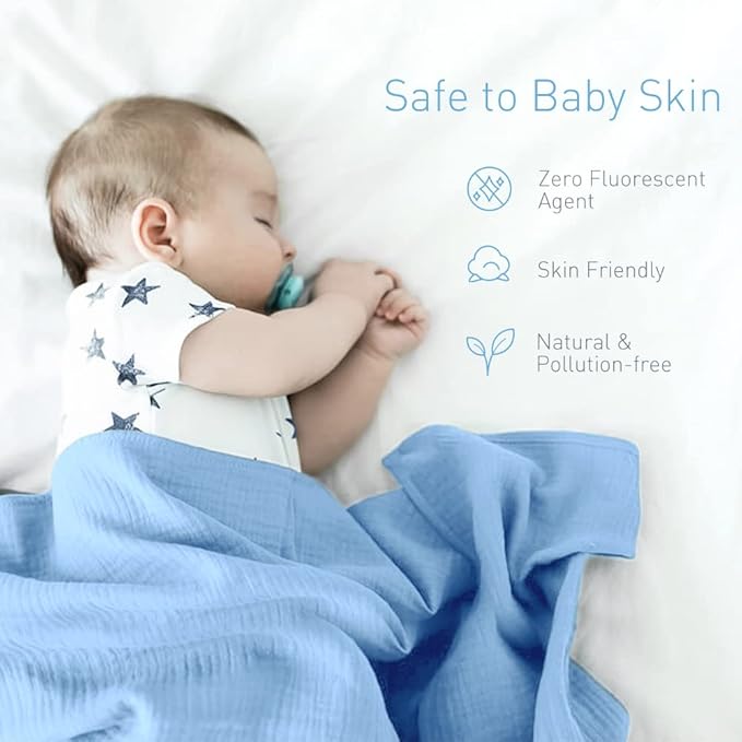 Premium Soft Muslin Cotton Newborn Baby Swaddle Blanket Unisex Swaddle Wrap Silky Swaddle Blankets Neutral Receiving Blanket for Newborn Boys and Girls Large 47 x 47 inches(120x120cm) (Light Blue)