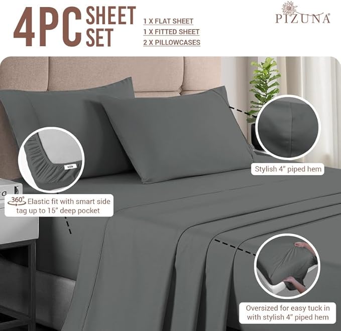 Pizuna Pure 100% Cotton Sheets King Size, Luxurious 400 Thread Count Long Staple Cotton Sateen King Sheets Set with 15inch Deep Pocket (Combed Dark Grey Cotton Sheet Set)