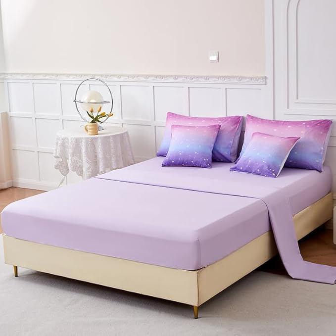 Pink and Purple Comforter Set Queen,Girls Galaxy Comforter Set,Purple Bedding Set Queen,Bed in A Bag Comforter for Children Girls Teen Kids,Bedroom Comforter Decoration Queen 7Pcs