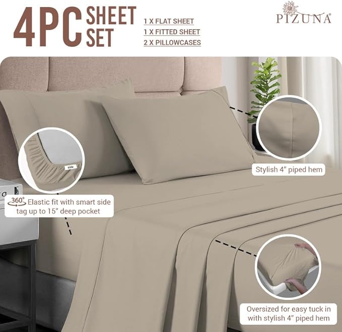Pizuna Pure 100% Cotton Sheets California King Size, Luxurious 400 Thread Count Long Staple Cotton Sateen California King Sheets Set with 15inch Deep Pocket (Combed Cotton Sheet Set)