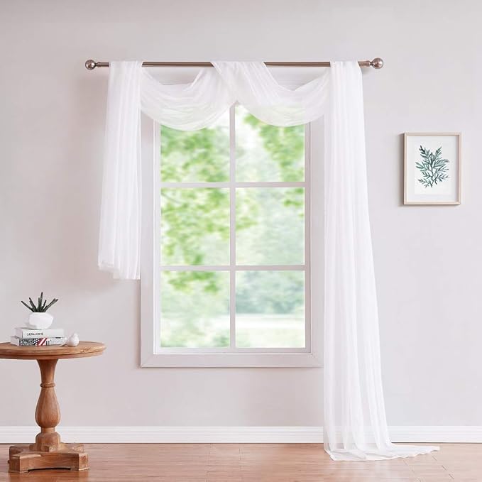 Long Length 56" (W) x 216" (L) White Sheer Window Scarf. Voile Window Treatments are Perfect As Valance Scarves, Canopy Bed Scarf Or Wedding Decoration. AMA 56" x 216" White