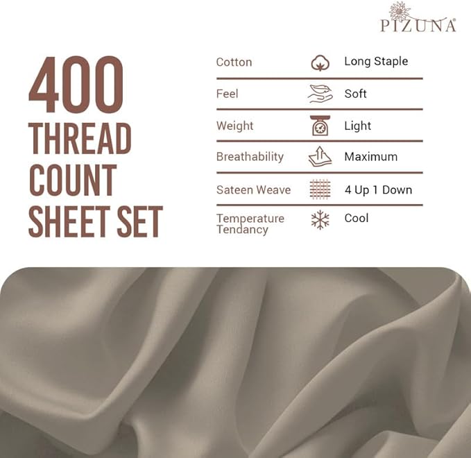 Pizuna Pure 100% Cotton Sheets Queen Size, Luxurious 400 Thread Count Long Staple Cotton Sateen Sheet with 15" Deep Pocket (Combed Simply Taupe Cotton Queen Sheet Set)