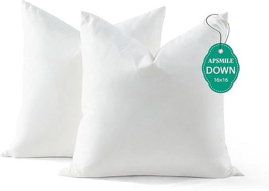 APSMILE Down Feather Throw Pillow Inserts, 16x16 Pillows Set of 2 with Organic Cotton Cover, Soft Square Decorative Pillows for Couch Living Room, Sofa, and Bed
