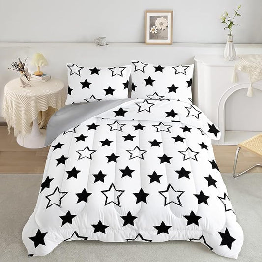 Axolotl Kids King Bedding Comforter Set,3Pcs Cute Black and White Stars Quilt Set for Kids,Geometric Stars Bedding with 1 Comforter 2 Pillowcases for Boys Girls Teens Adults Room Decor All Season