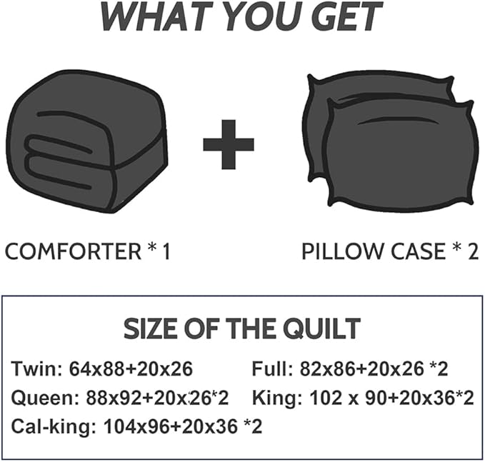 Decroom Lightweight Queen Comforter Set with 2 Pillow Sham - 3 Pieces Set - Quilted Down Alternative Comforter/Duvet Insert for All Season - Black/Grey - Queen Size